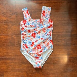 Pink Lily Girls' Floral One-Piece Swimsuit in Red, Blue & White